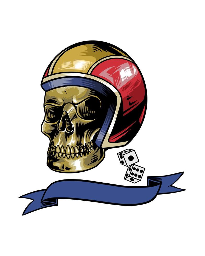 logotipo de ilustración de calavera con casco genial y objeto de dados vector