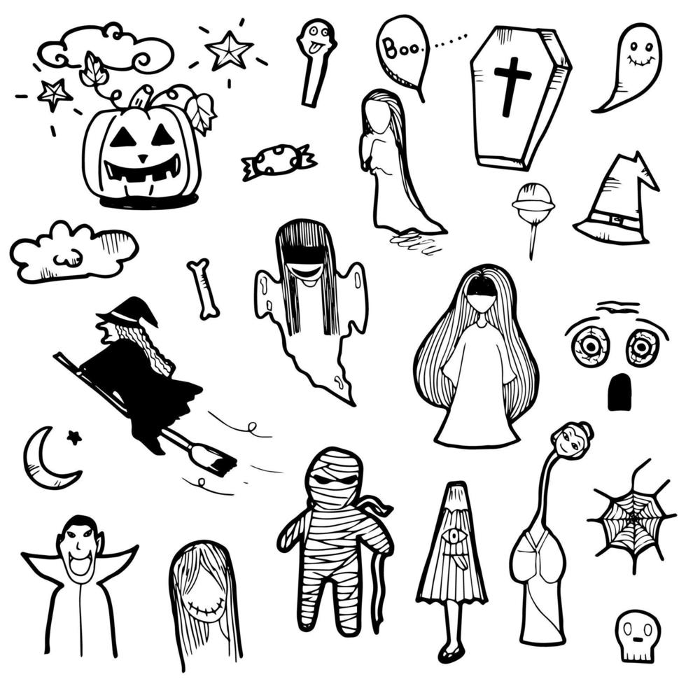 conjunto de vectores de elementos de dibujo a mano de doodle de halloween