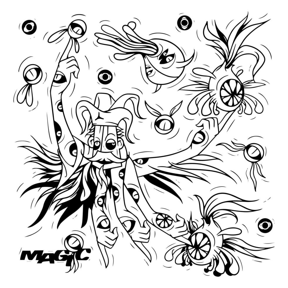 Very cool and artistic set of doodle vector magician monster. black and white, suitable for doodle design elements, murals, coloring books and others.
