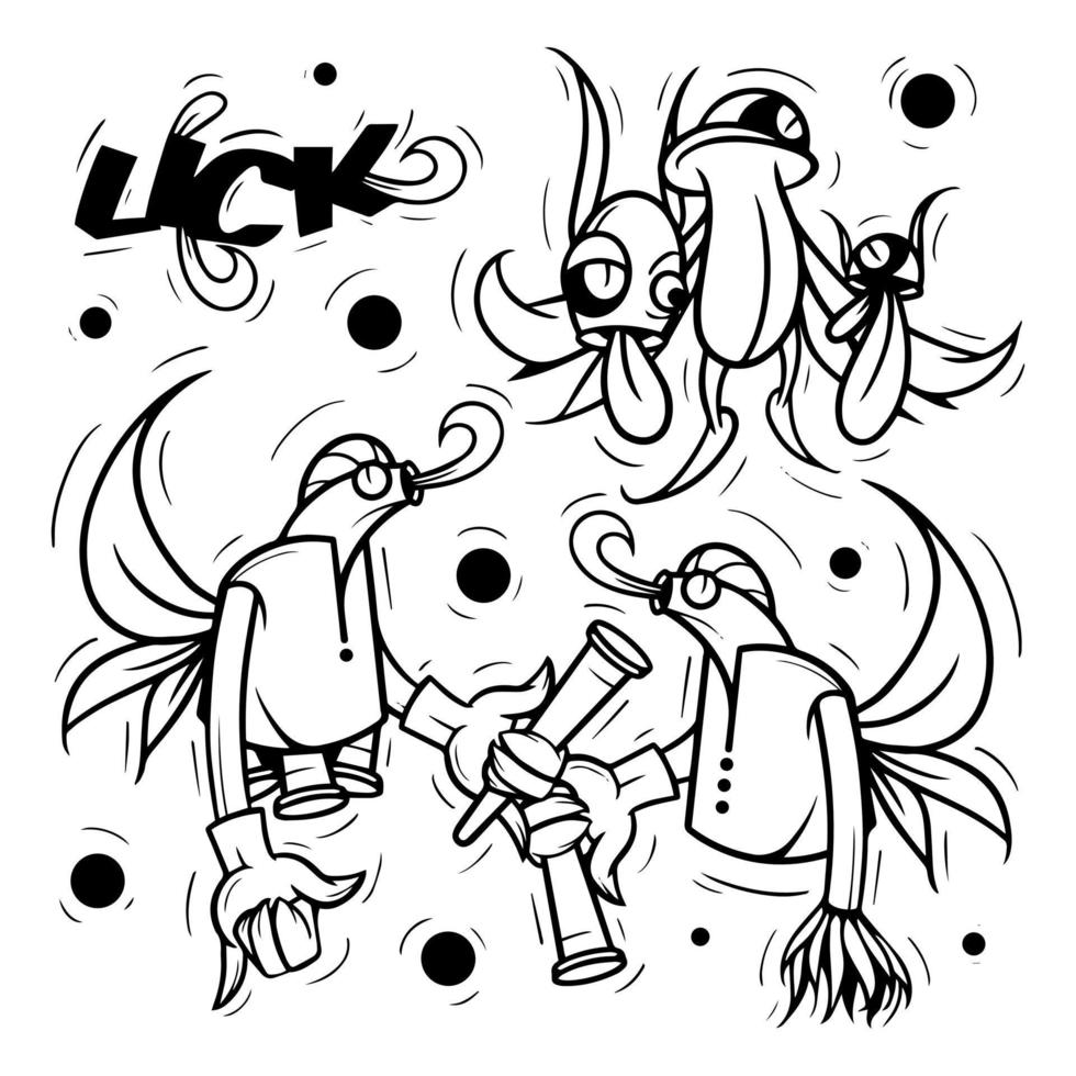 Very cool and artistic set of doodle vector lick monster. black and white, suitable for doodle design elements, murals, coloring books and others.