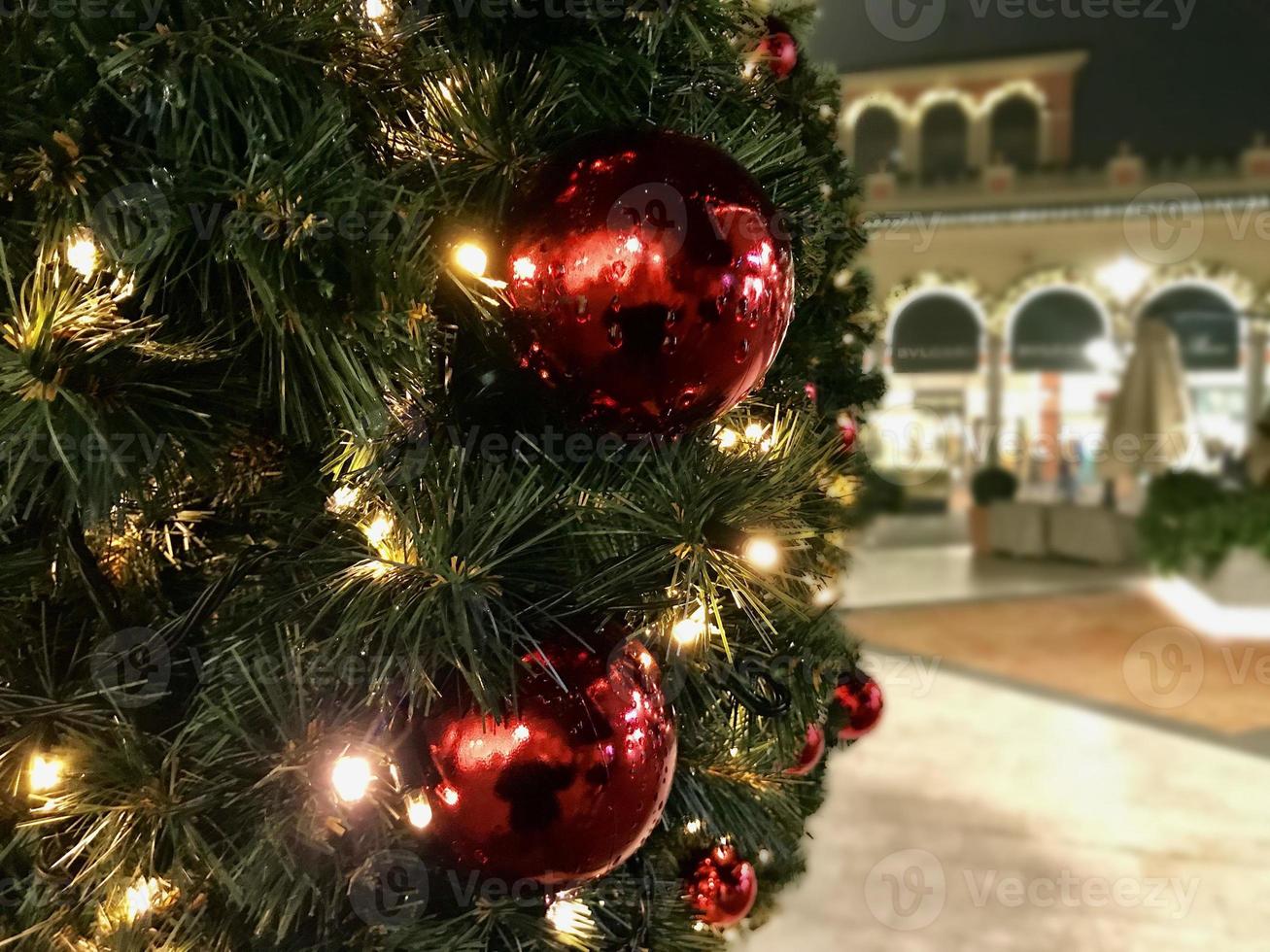 christmas tree red balls decorations at street market photo