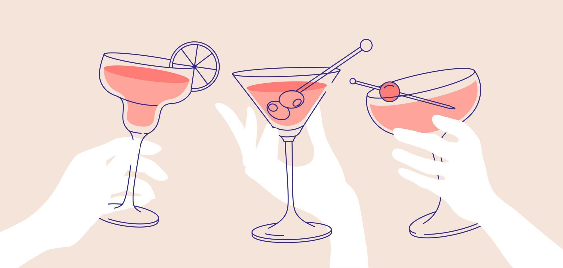 Outline drawing, cheers. Women s hands holding glasses of margaritas and martini. Flat illustration for greeting cards, postcards, invitations, menu design. Line art template vector