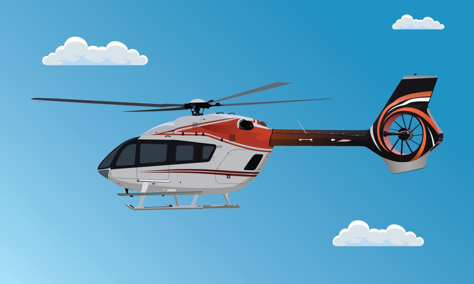 Helicopter flying in sky, Helicopter fly in clouds, Flying Chopper Air Transportation. Private helicopter . Flat Vector realistic Illustration on blue sky background.
