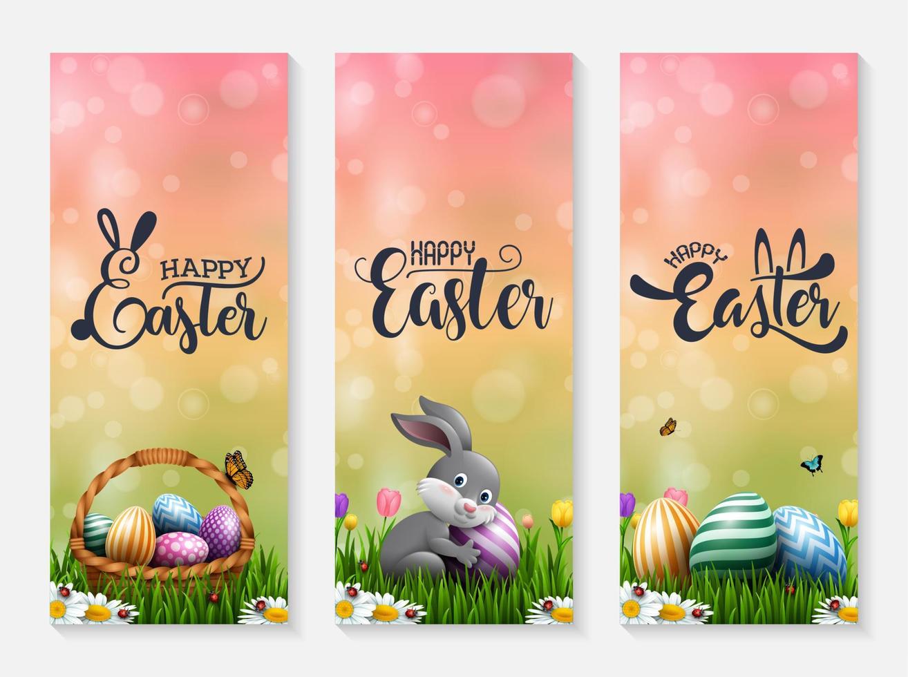 colección de pancartas de pascua con huevos de pascua, conejito y canasta en la hierba vector