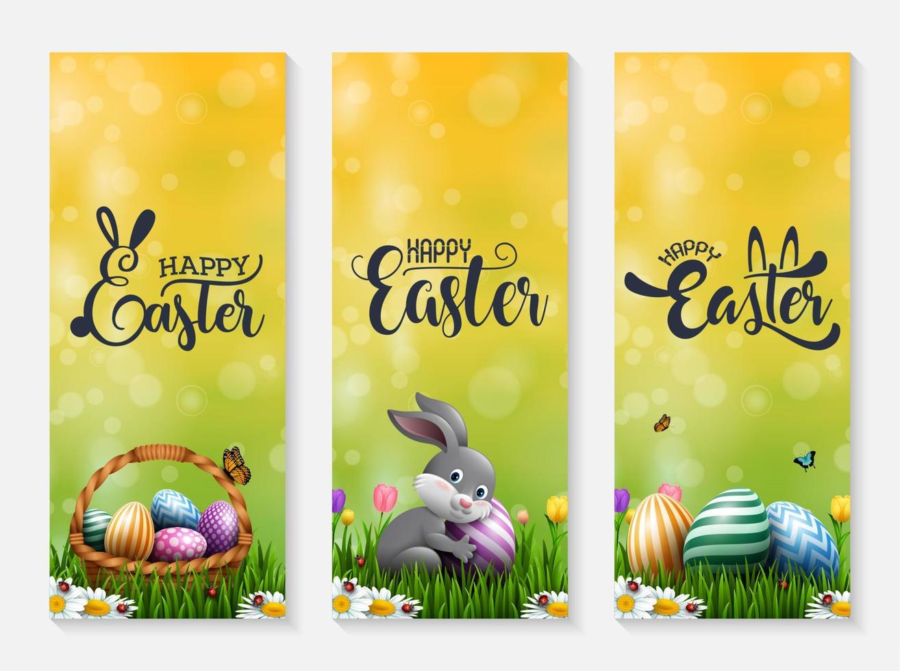 colección de pancartas de pascua con huevos de pascua, conejito y canasta en la hierba vector