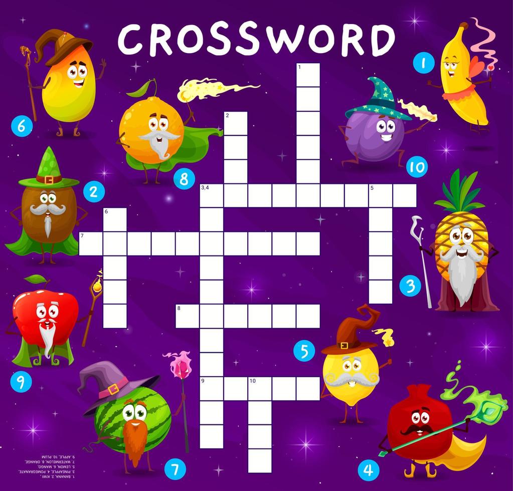 Crossword quiz game grid with funny fruit wizards vector