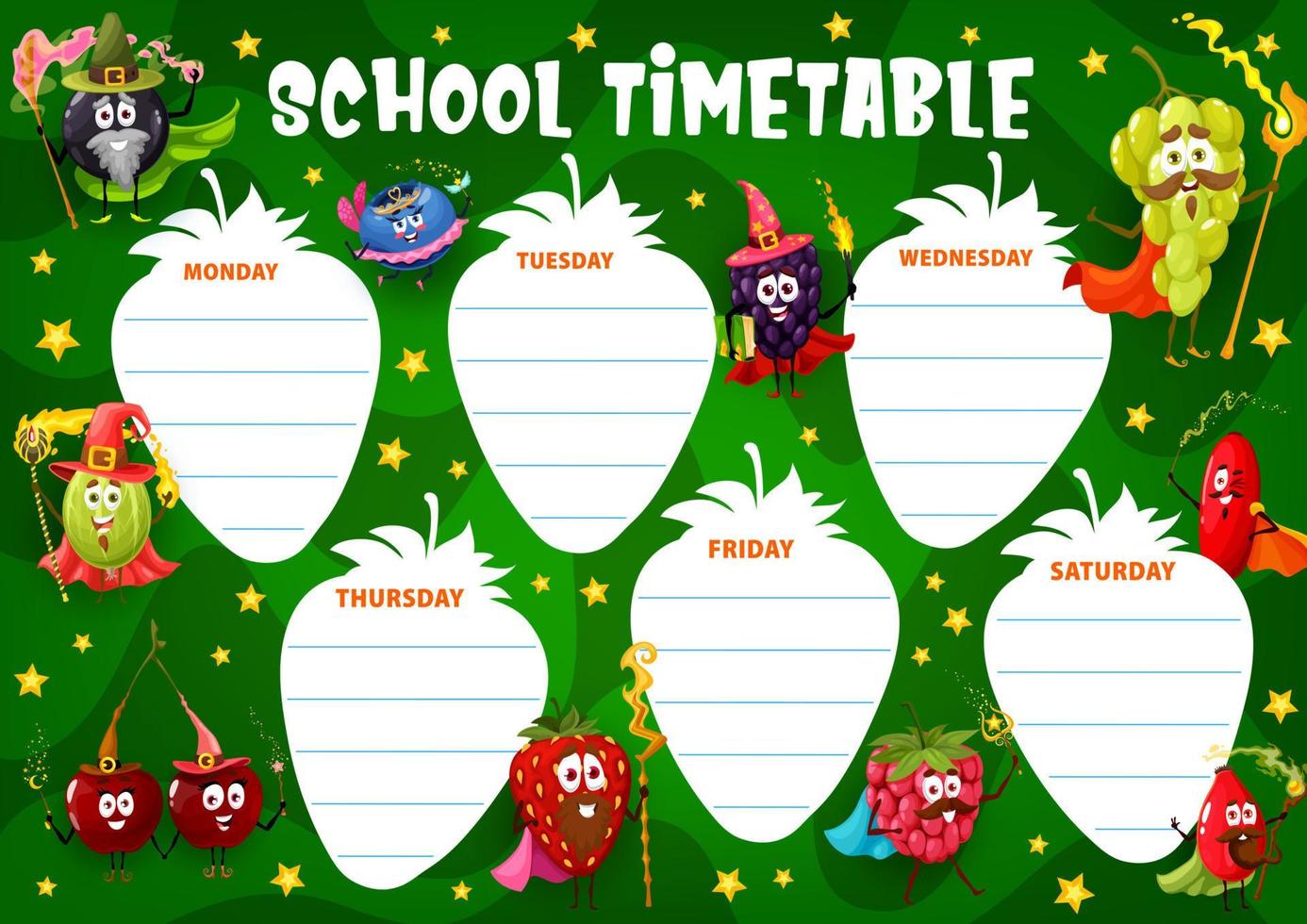 School timetable schedule with berry wizards vector