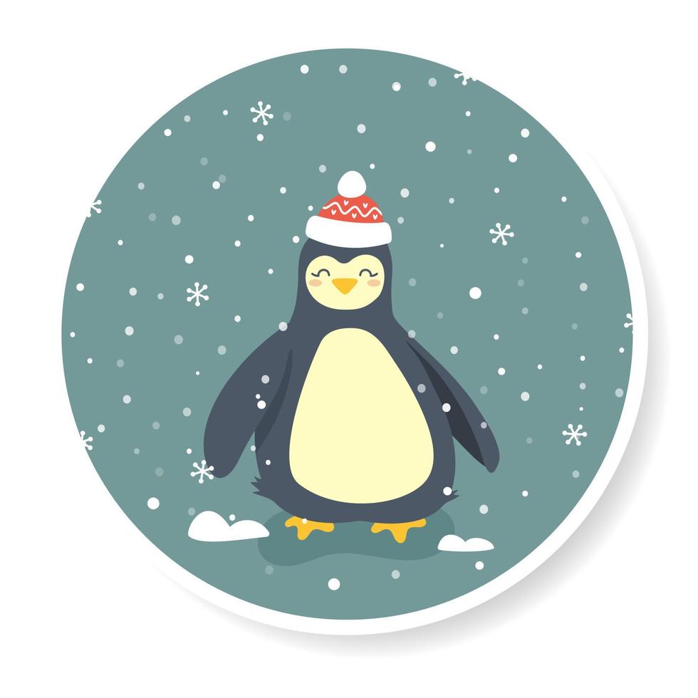 Penguin under the snow. Round sticker. Cute winter illustration. vector
