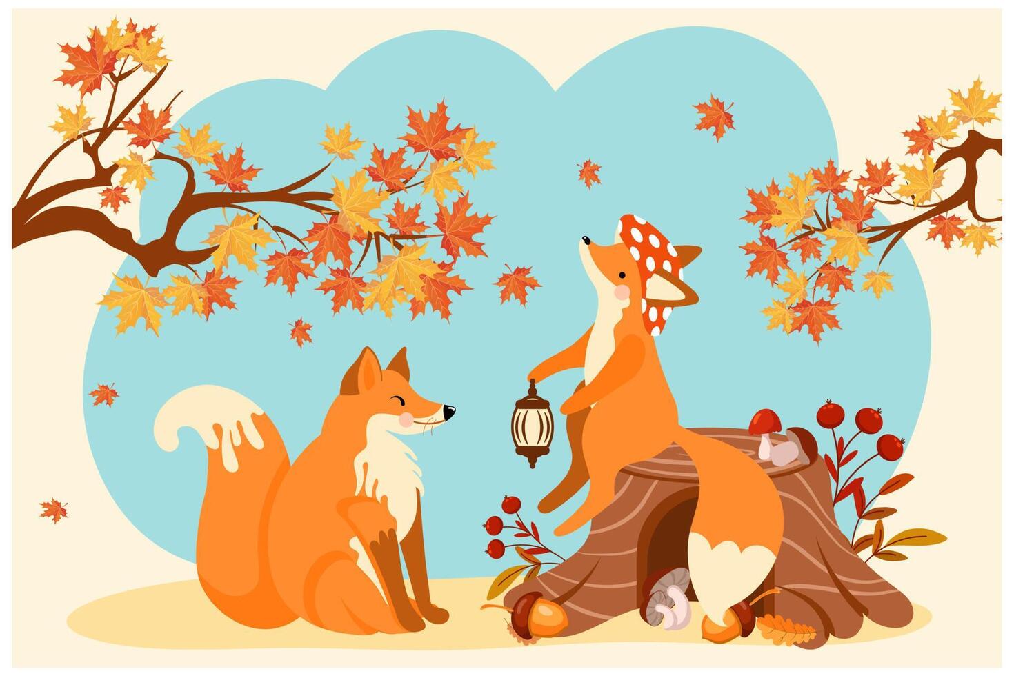 lindos zorros en el bosque de otoño, un zorro en un tocón y un zorro  enamorado. ilustración de bebé de dibujos animados, impresión, vector  12007879 Vector en Vecteezy