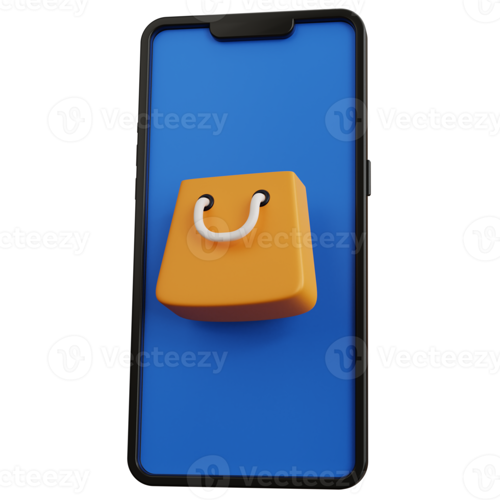 3d rendering yellow shopping bag with smartphone isolated png