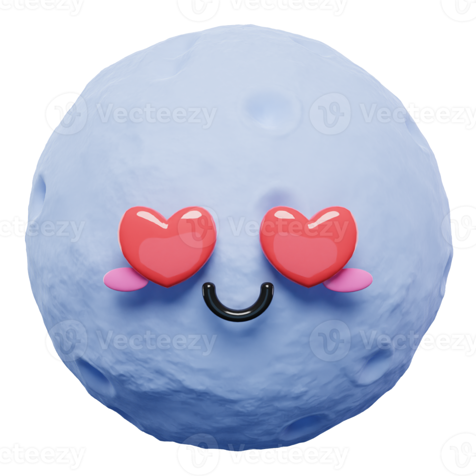 émoticônes mignonnes et adorables de personnage d'emoji de lune 3d avec des yeux d'amour. icônes de lune de dessin animé 3d. png