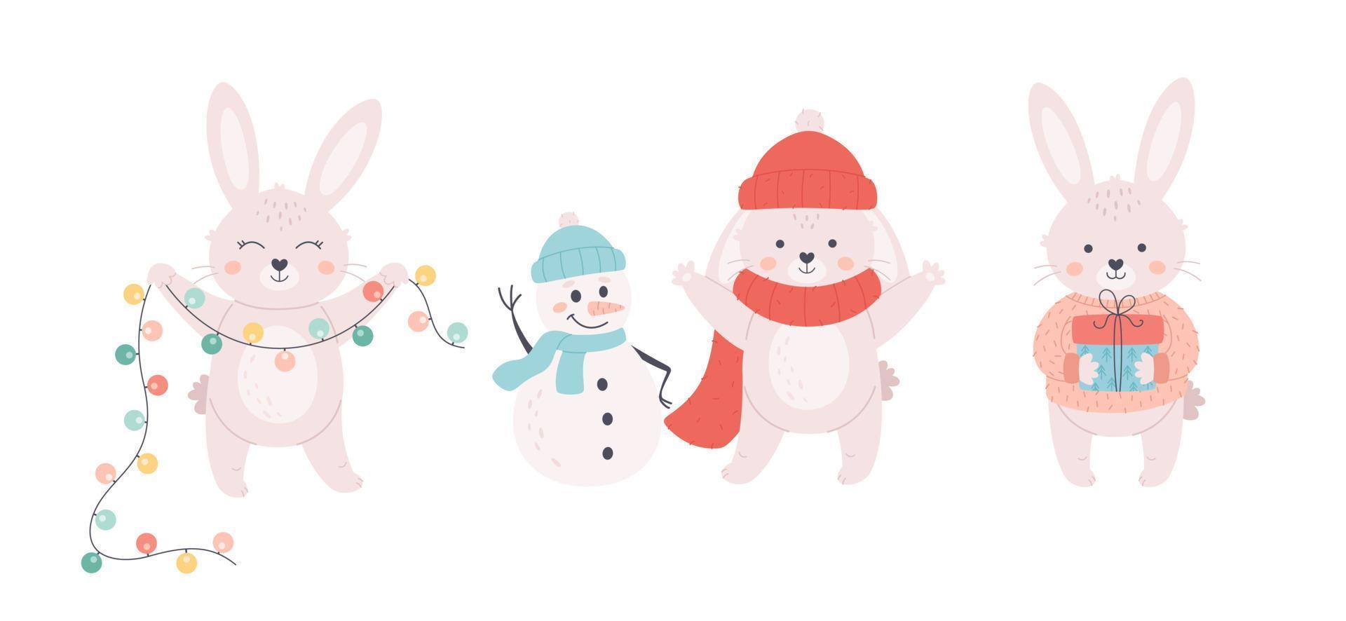 linda colección de conejitos blancos. conejo con muñeco de nieve, con guirnalda y presente. año del conejo. vacaciones de invierno vector