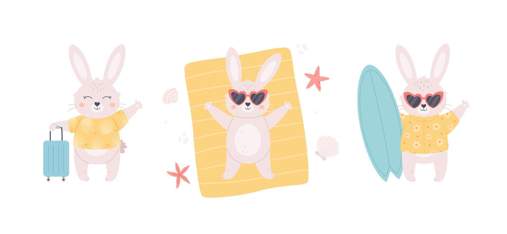 Cute white bunnies collection. Rabbit sunbathing on the beach, bunny with surfboard and travel bag. Year of the Rabbit. Summer vacation vector