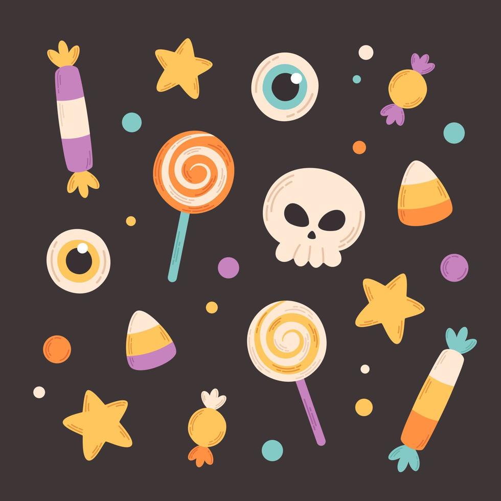 colección de dulces de halloween, caramelos, maíz dulce, piruletas, ojos aterradores y calavera. elementos felices de halloween. truco o trato vector