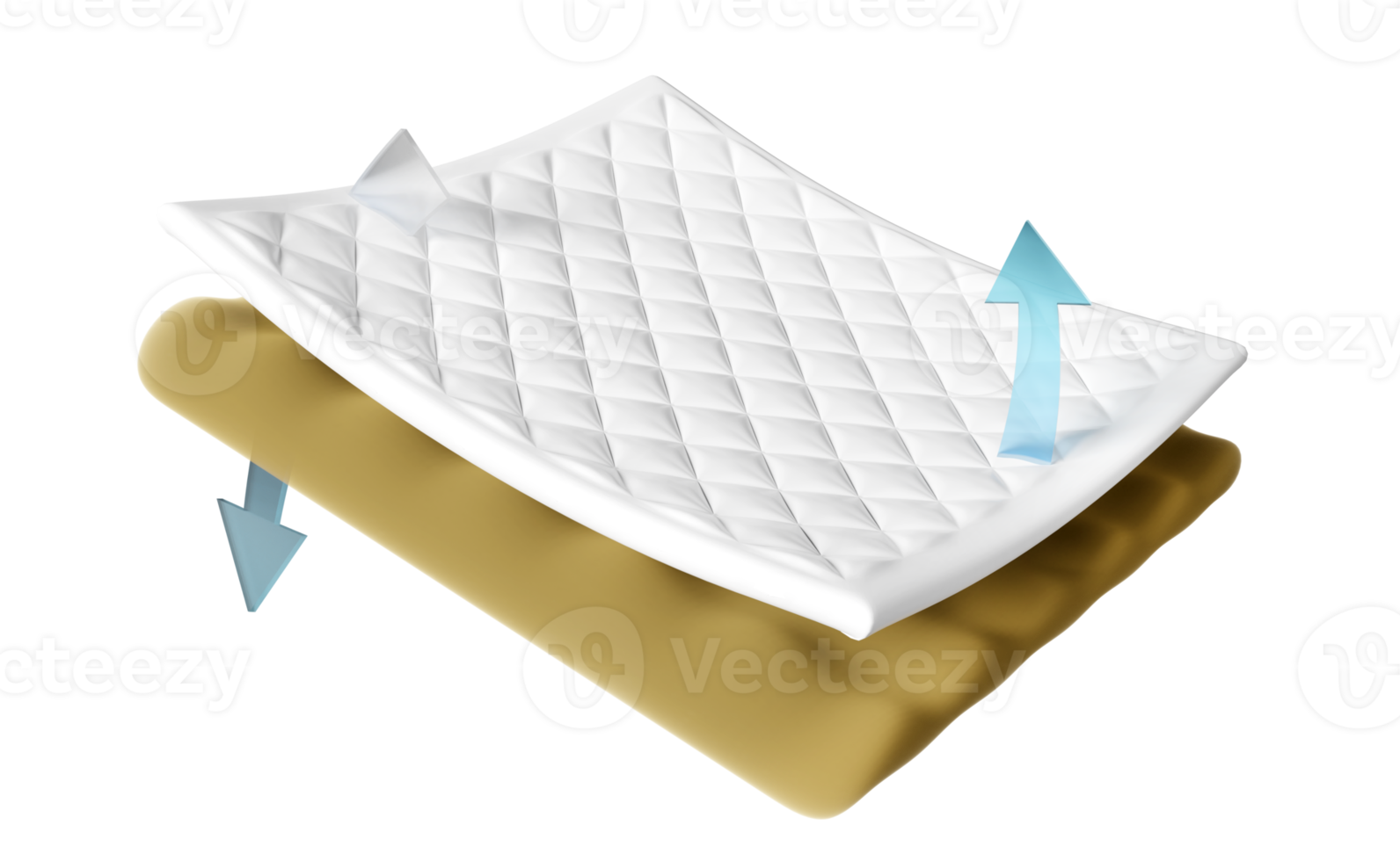 3d layered sheet material mattress with soft sponge, fabric, rubber, arrow isolated. minimal abstract, 3d render illustration png