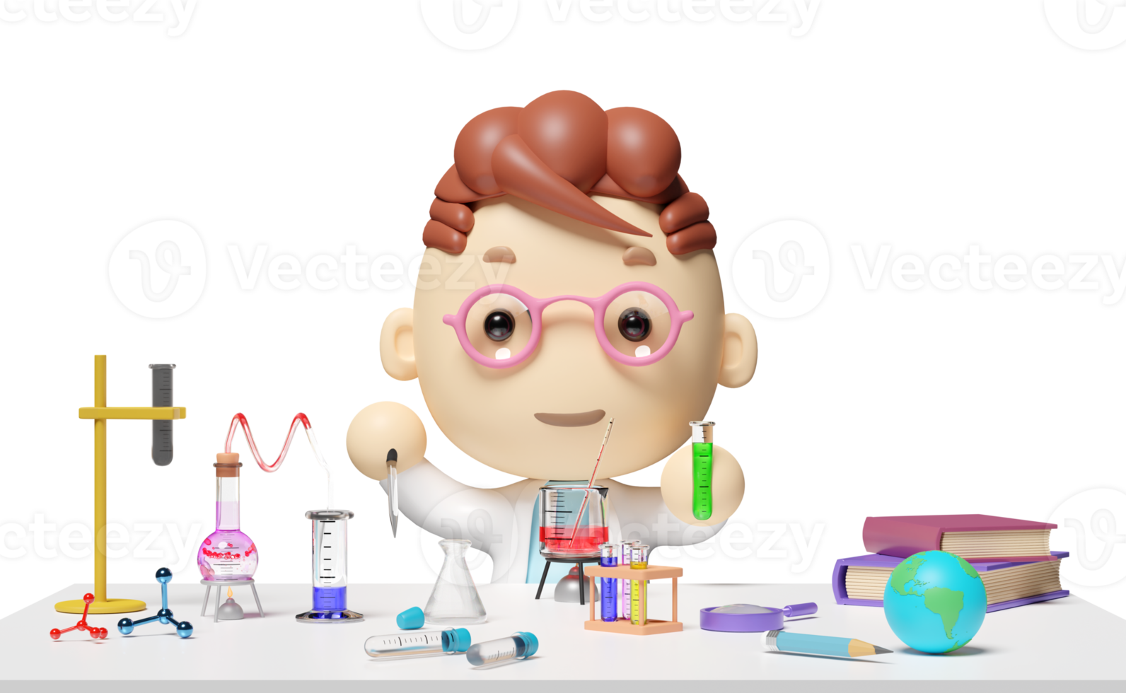 room innovative education concept, 3d miniature cartoon boy character hand hold test tube with science experiment kit, desk in lab isolated. 3d render illustration png