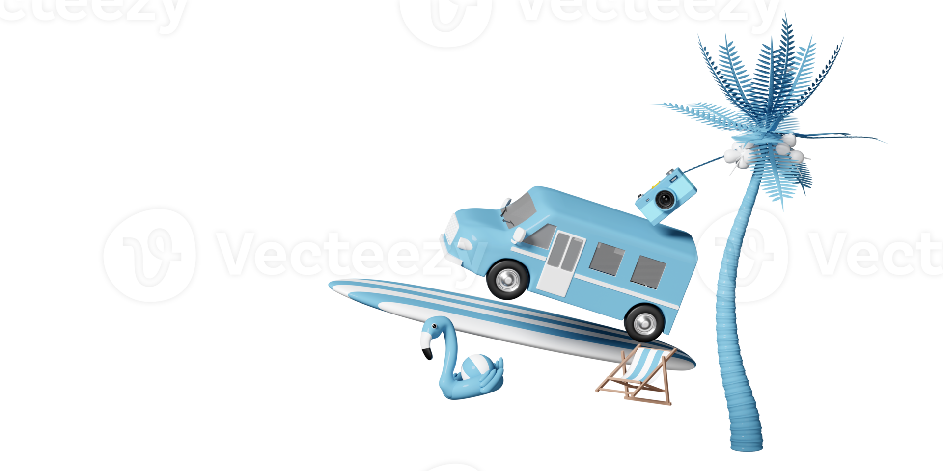 van carro azul com cadeira de praia, flamingo, bola, coqueiro, prancha de surf, guarda-chuva, câmera isolada. conceito de viagem de verão 3d, ilustração de renderização 3d png