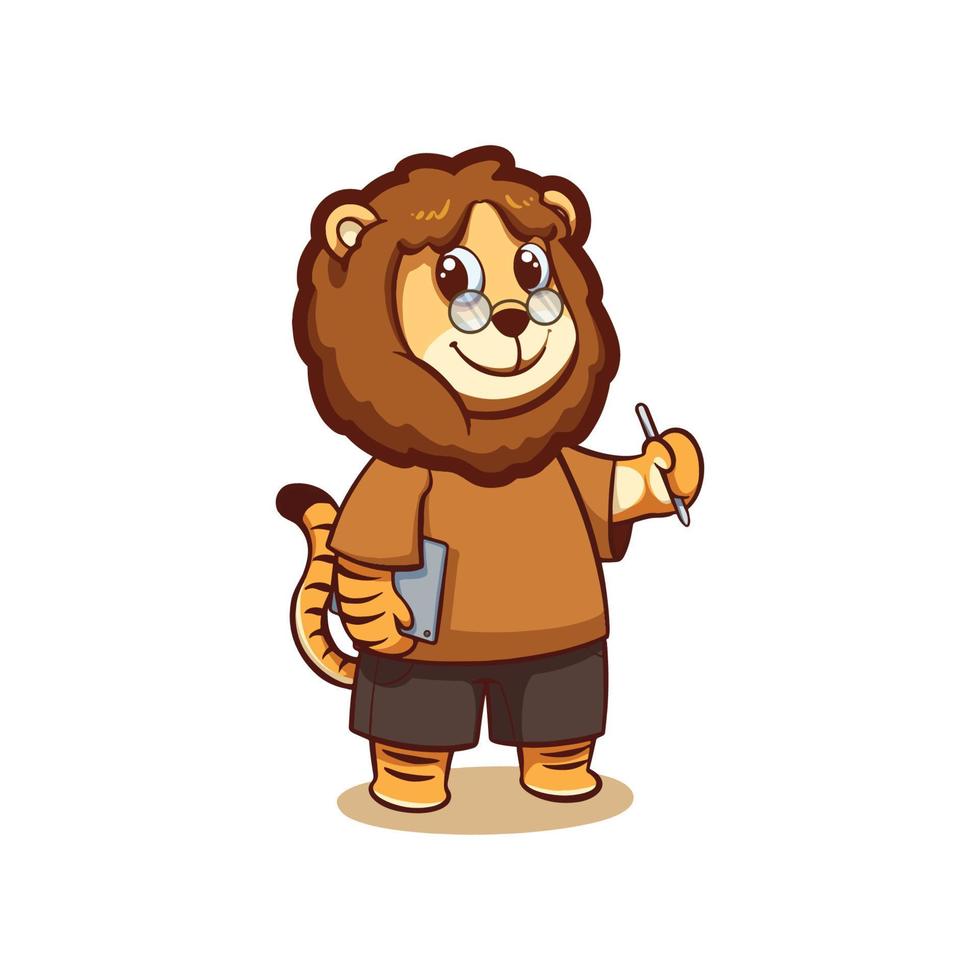 diseño de ilustración de dibujos animados lindo león sosteniendo un lápiz y llevando una tableta vector