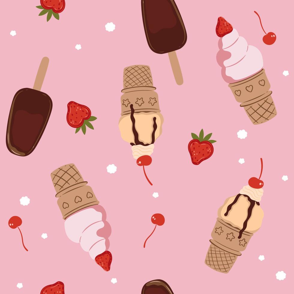 Seamless pattern with ice cream in waffle cups and popsicle. Vector graphics.