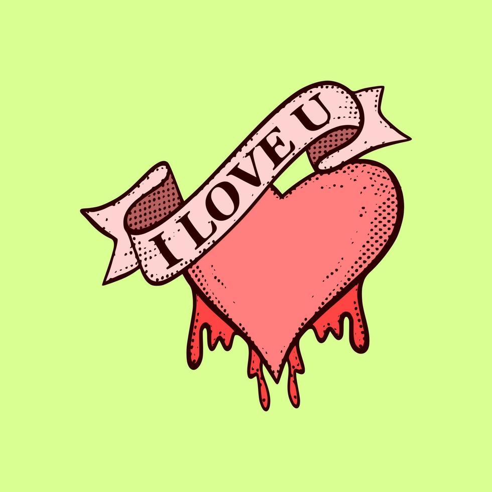 I love u with melting heart Illustration hand drawn cartoon colorful vintage style vector