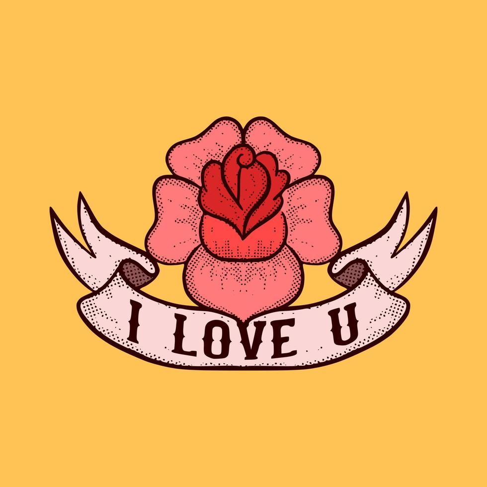 I love u with rose flower Illustration hand drawn cartoon colorful vintage style vector