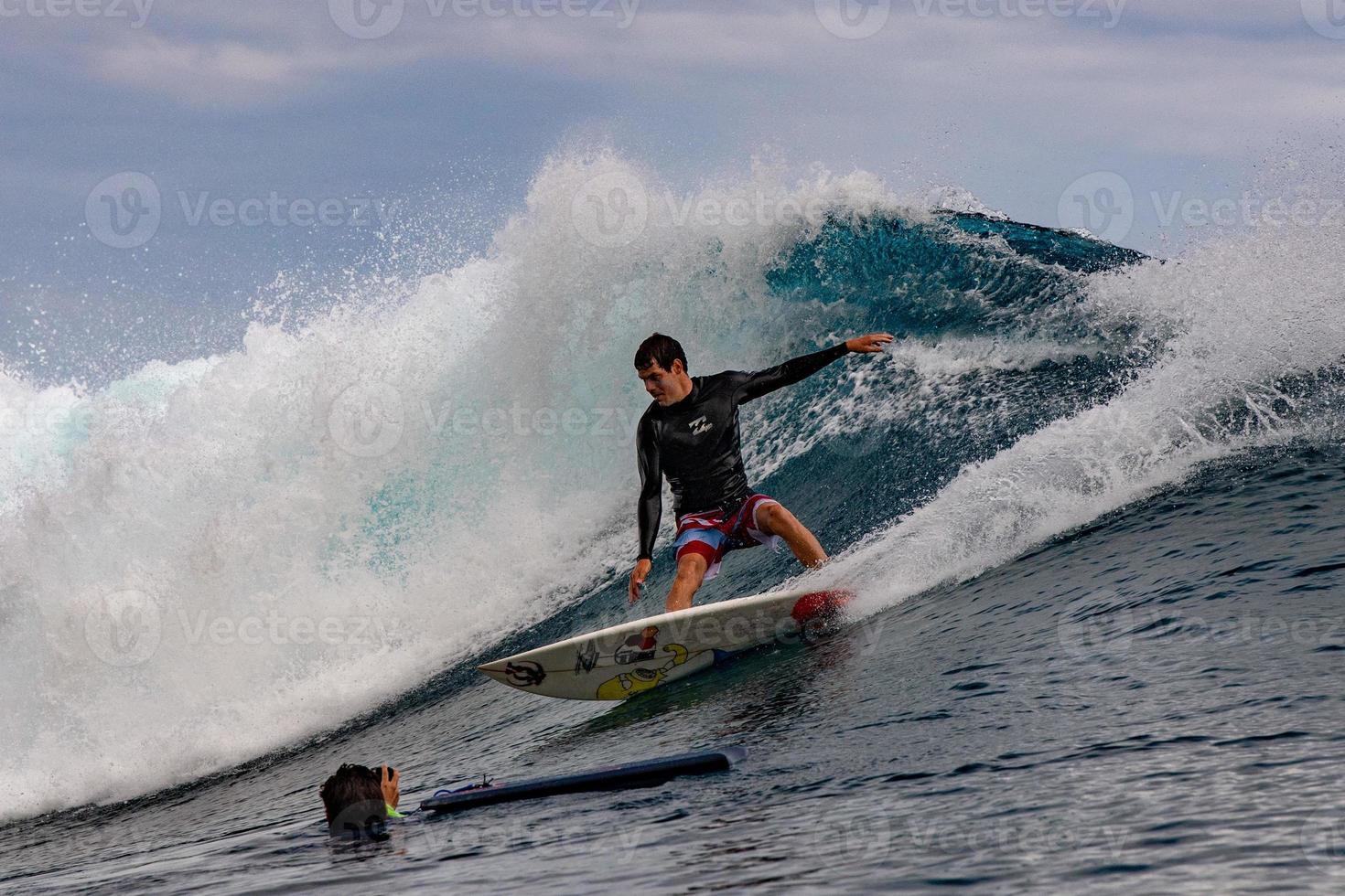 TAHITI, FRENCH POLYNESIA - AUGUST 5 2018 - Surfer training days before Billabong Tahiti Competition at Teahupoo reef photo