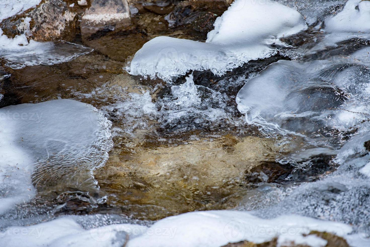 Frozen creek small waterfall in winter time photo