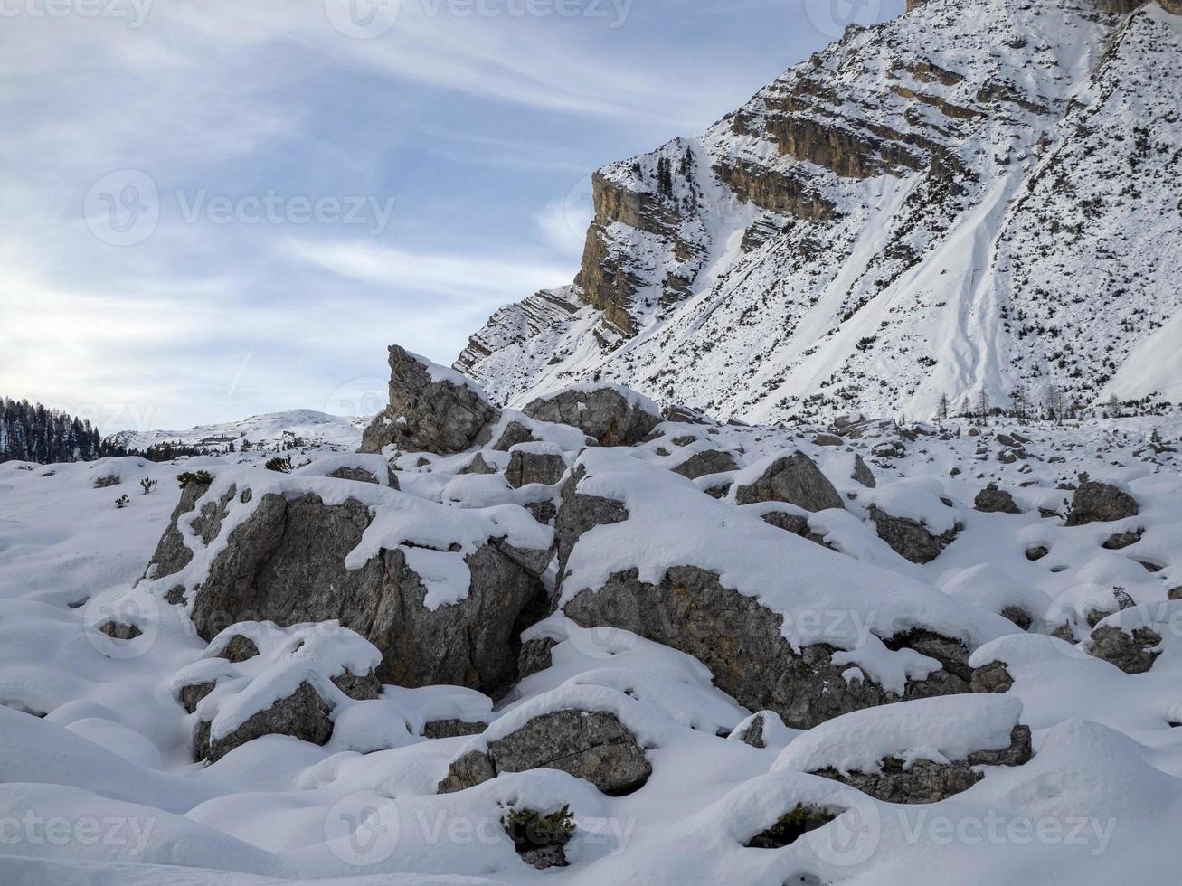 Fanes mountain dolomites in winter panorama photo