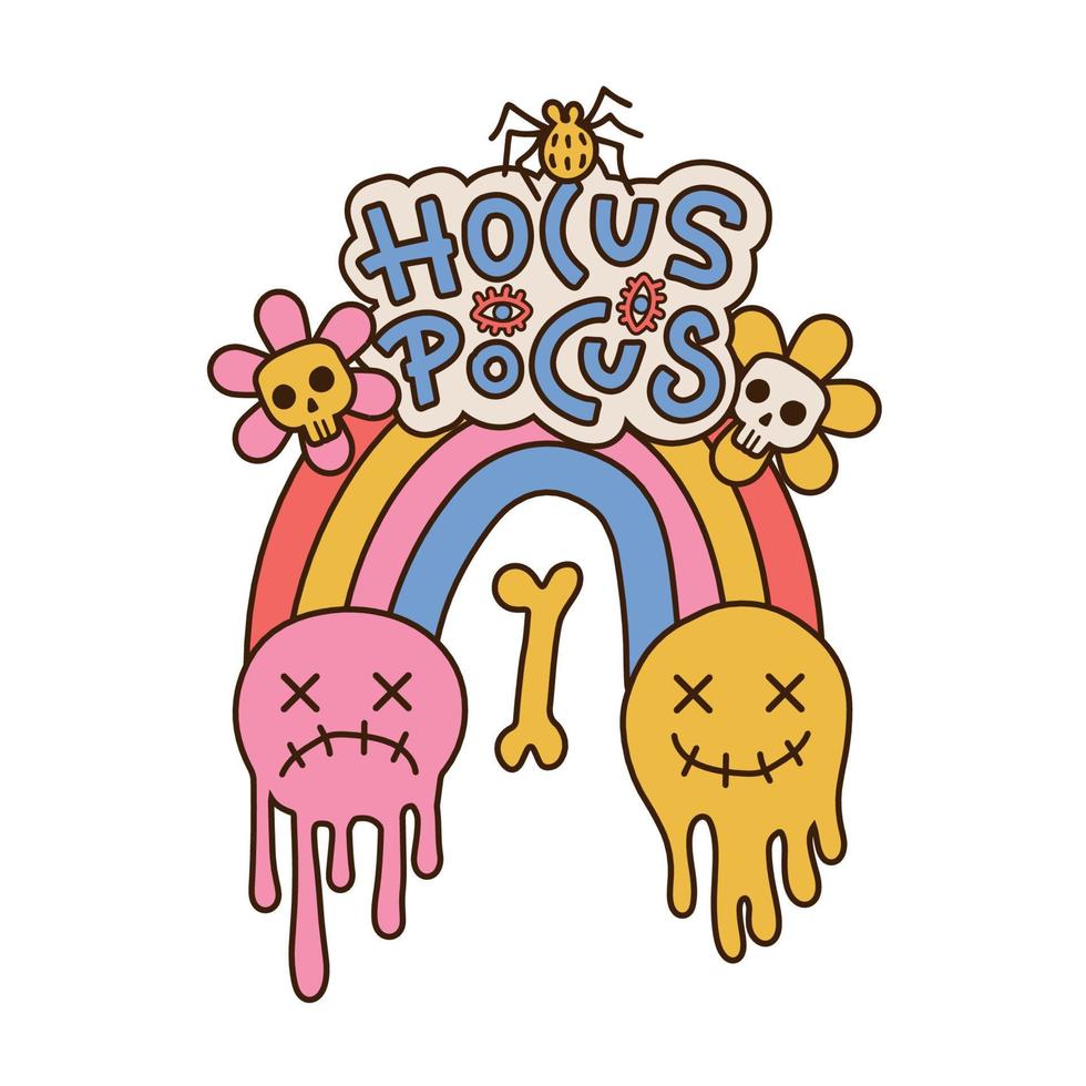 hocus pocus - hippie groovy halloween concepto aislado sobre fondo blanco. impresión gráfica retro con emoji, arco iris, símbolo de flor y scull y texto en estilo años 70, 80. ilustración vectorial dibujada a mano. vector