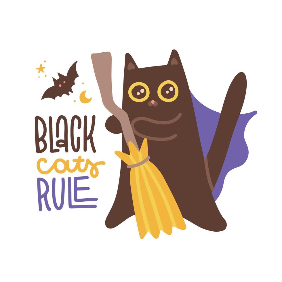 regla de los gatos negros - cita de letras con lindo gato negro divertido con escoba voladora de bruja con luna y murciélago en el fondo, ilustración de vector plano de personaje de dibujos animados de animales de halloween.