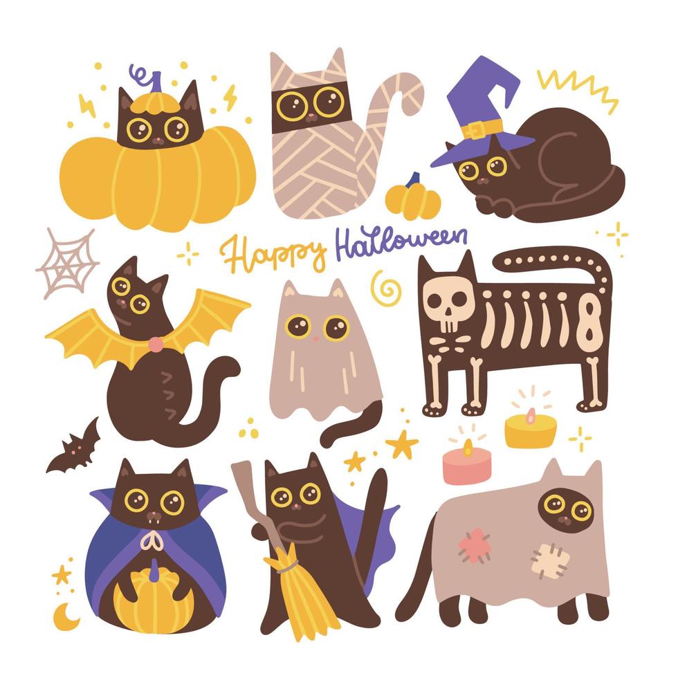 Hand drawn halloween black cats set wearing different holiday costumes. Cute pooky pets. Collection of witch, mummy, vampire, ghost mascots. Happy Halloween text. Vector flat illustration.