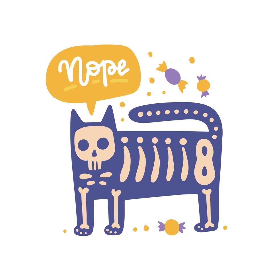 Black Cat wearing skeleton costume on Halloween. A kitten is celebrating Halloween party. Lettering in bubble - Nope. Hand drawn flat vector illustration.