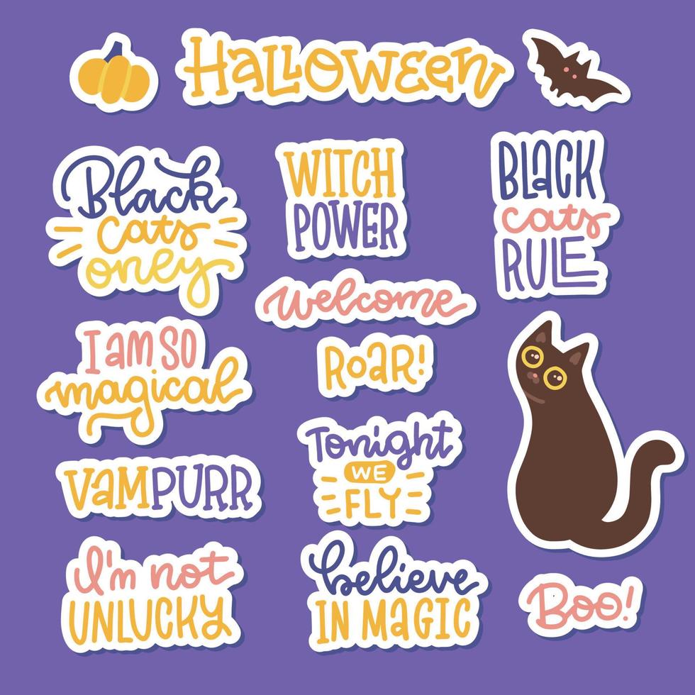 conjunto de pegatinas de halloween con citas de letras. refranes de moda de halloween, citas para el diseño de eslóganes de gatos negros. plantilla imprimible espeluznante. ilustración dibujada a mano plana vectorial con frases divertidas vector