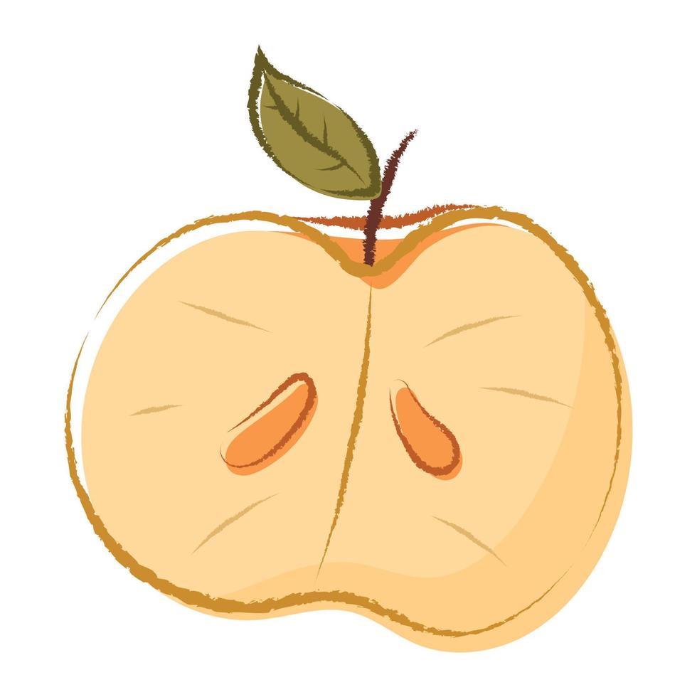 Vector isolated doodle illustration of half apple with seeds and leaf.