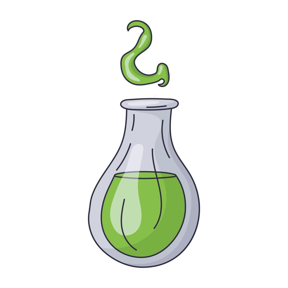 Vector isolated doodle illustration of laboratory flask with green magic poison. Halloween outline icon.