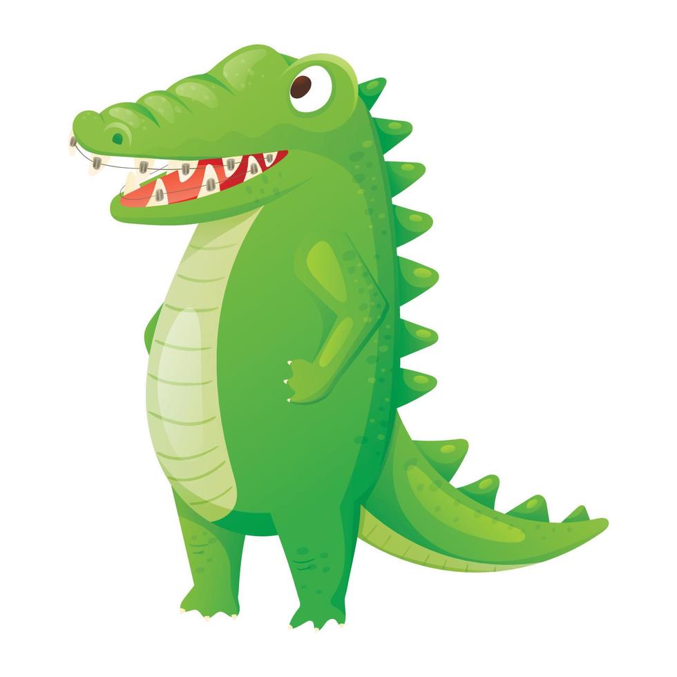 Vector isolated illustration of cartoon smiling crocodile with braces.