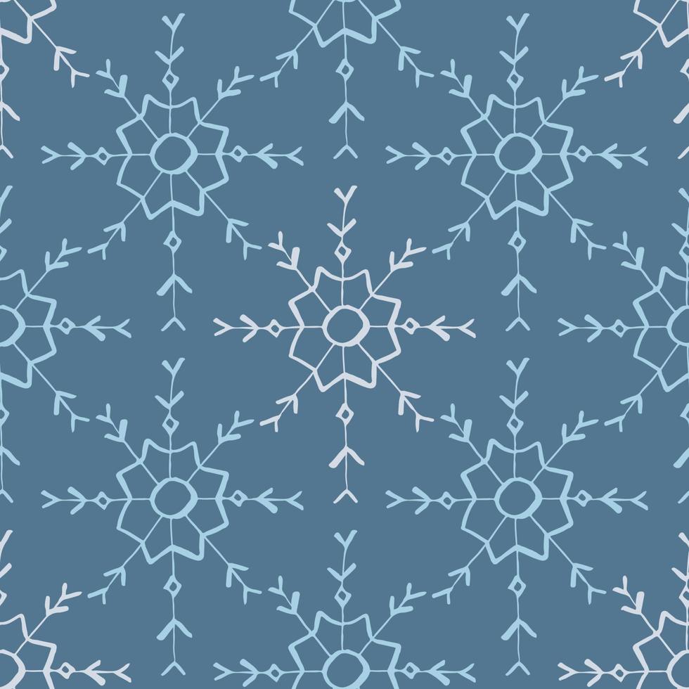Christmas seamless pattern with doodle snowflakes on a blue background. Vector illustration. EPS10