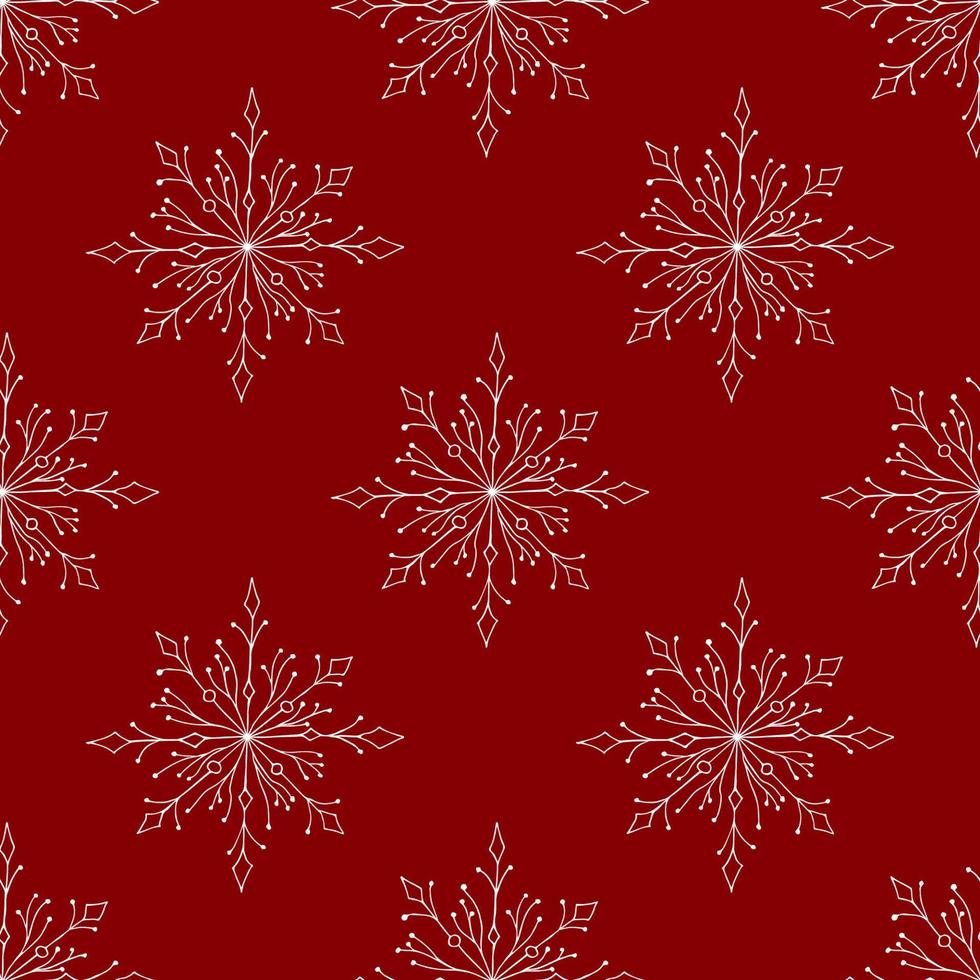 Christmas seamless pattern with doodle snowflakes on a red background. Vector illustration. EPS10