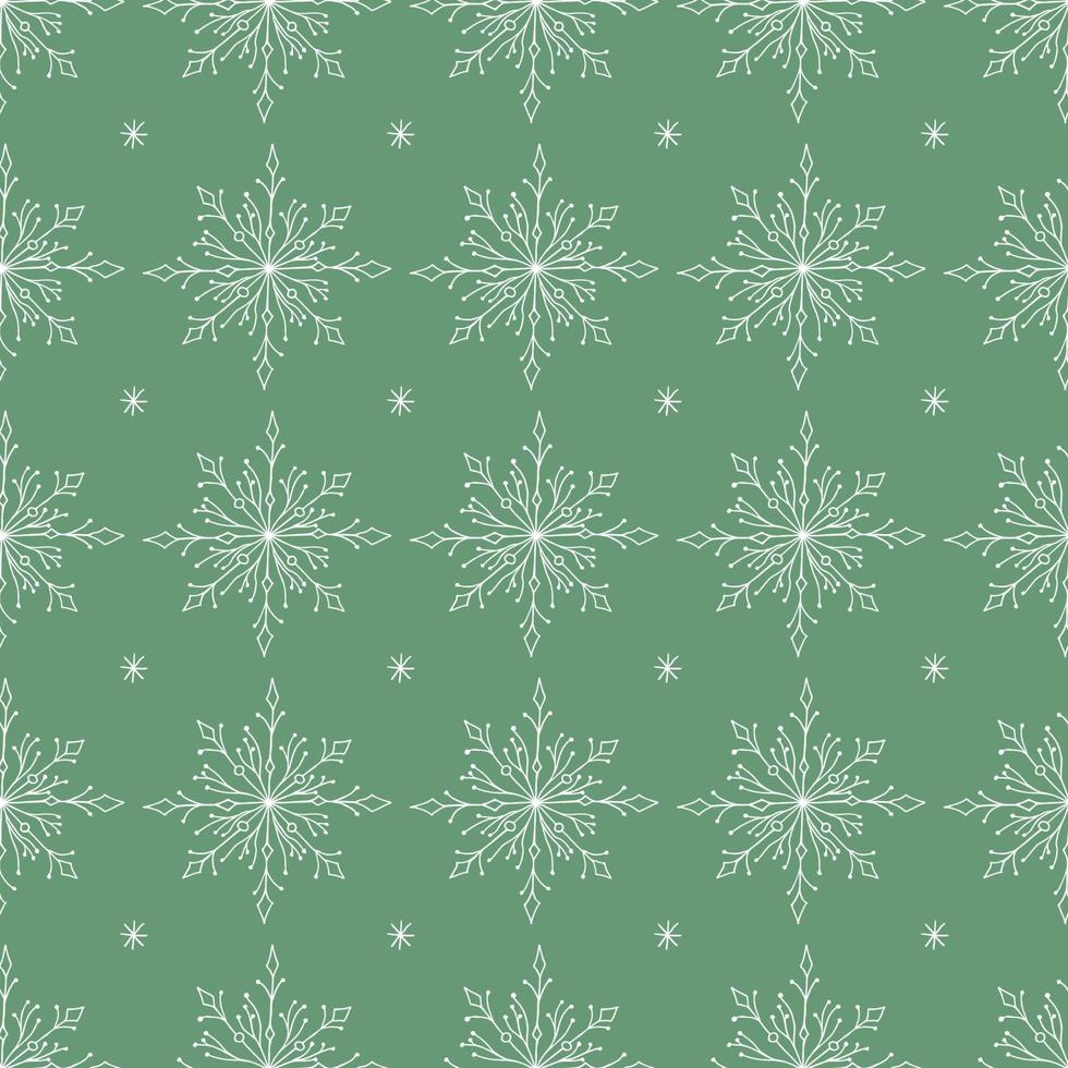 Christmas seamless pattern with doodle snowflakes on a green background. Vector illustration. EPS10