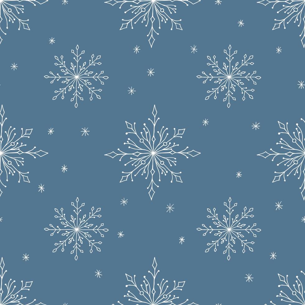 Christmas seamless pattern with doodle snowflakes on a blue background. Vector illustration. EPS10