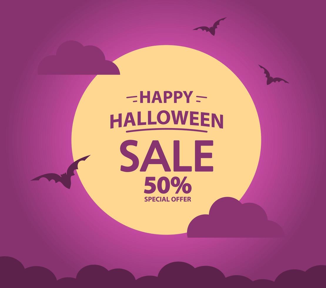venta de banner festivo de halloween con luna y murciélagos. ofrece una ilustración de vector .flat de descuento de 50.