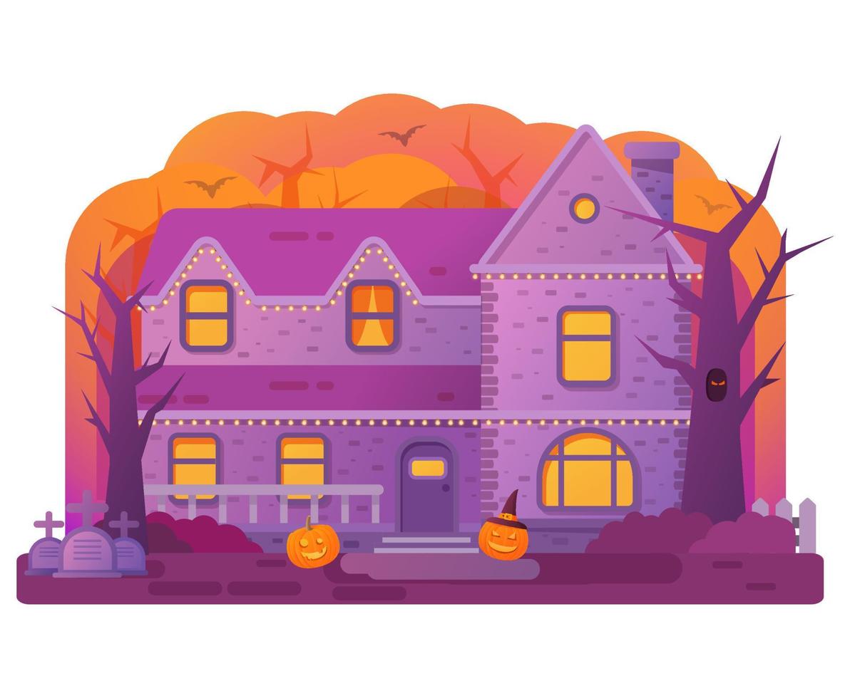 Halloween house. Old cemetery gravestone. Horror story.Night banner.Flat illustration vector.Website banner concept.Isolated on white background. vector
