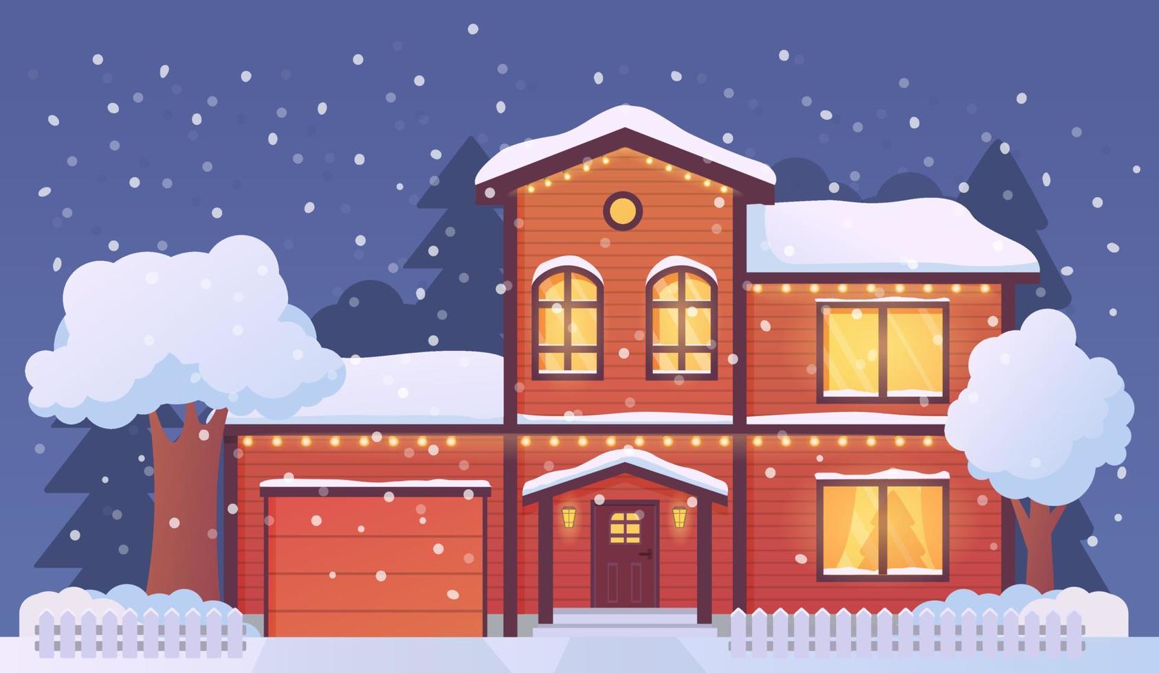 casa navideña decorada con farolas luminosas y cubierta de nieve. paisaje rural de invierno con abetos en la nieve. vector de ilustración de vacaciones.