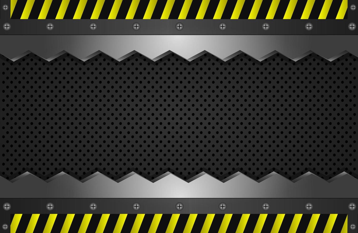 plantilla de fondo de metal en zigzag, chapa de hierro perforada, con señal de advertencia de línea amarilla, ilustración vectorial vector