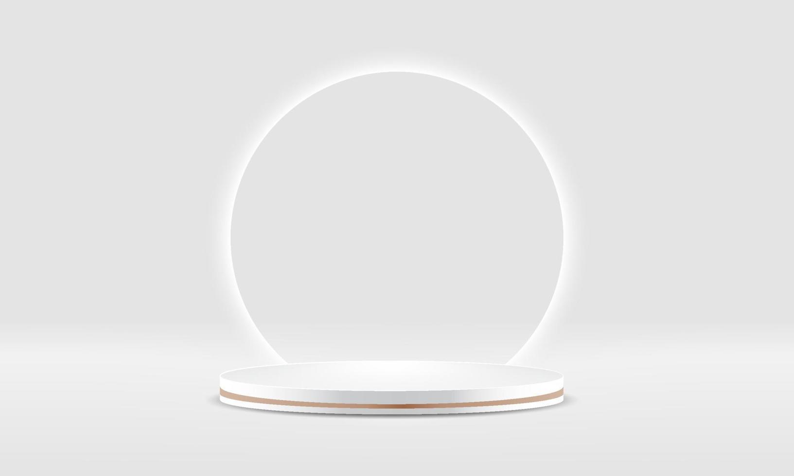 White realistic 3d cylinder pedestal podium with circle rounded neon light backdrop. Abstract vector rendering geometric platform. Product display presentation. Minimal scene.