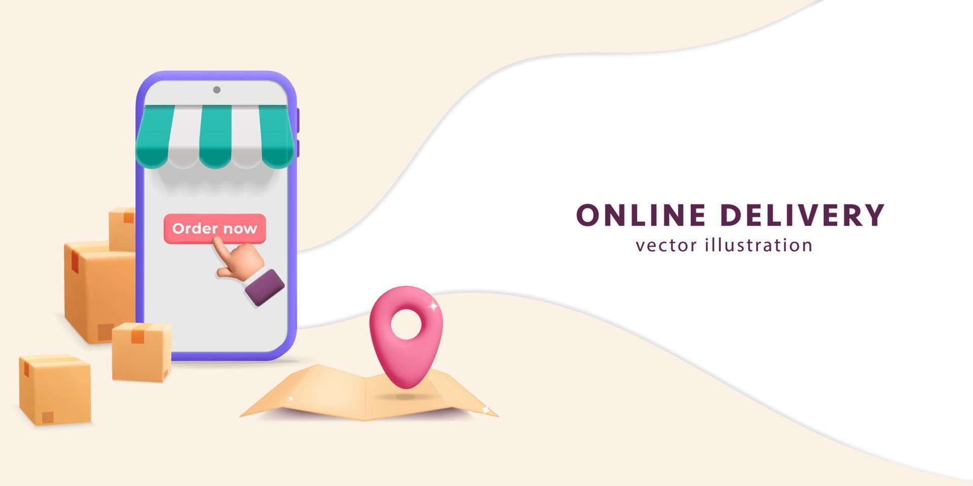 3d vector delivery service online on mobile app on phone poster design