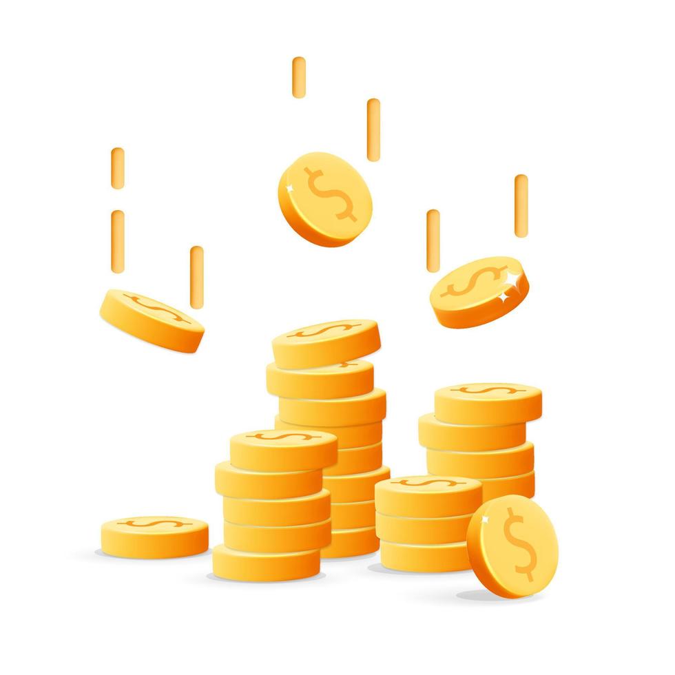 3d vector falling golden dollar to great stack of coins  icon design
