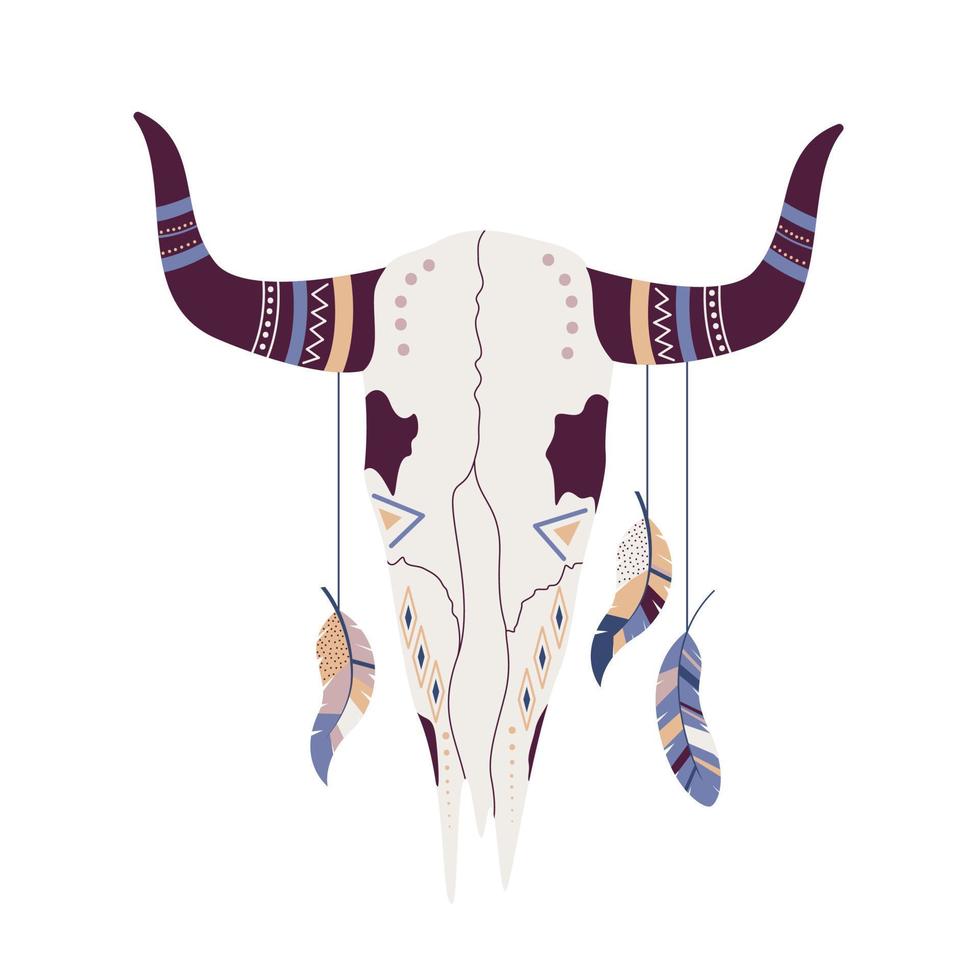 skull with ornamental horns and decorated feathers vector