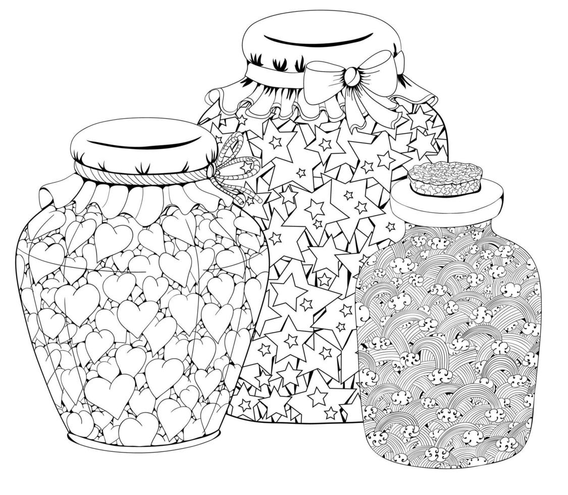 Jars emotion set. Jam with the taste of love. Hearts in a jar. Stars in a jar. Marinated light. The rainbow is sealed in a bottle. Marinade with rainbow flavor. Black illustration. vector