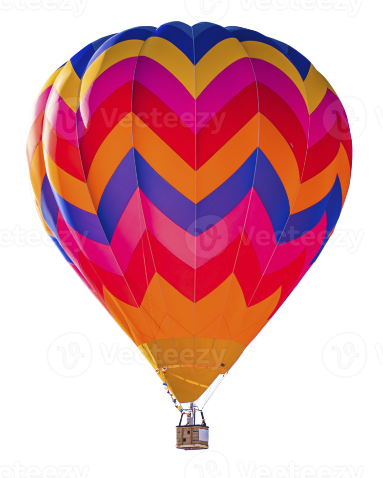 Realistic orange and blue colorful hot air balloon with chevron fabric pattern in flight isolated PNG for easy compositing